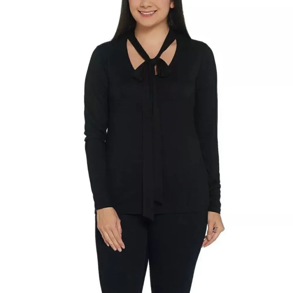 Lisa Rinna Print and Solid Neck Tie Long Sleeve Top